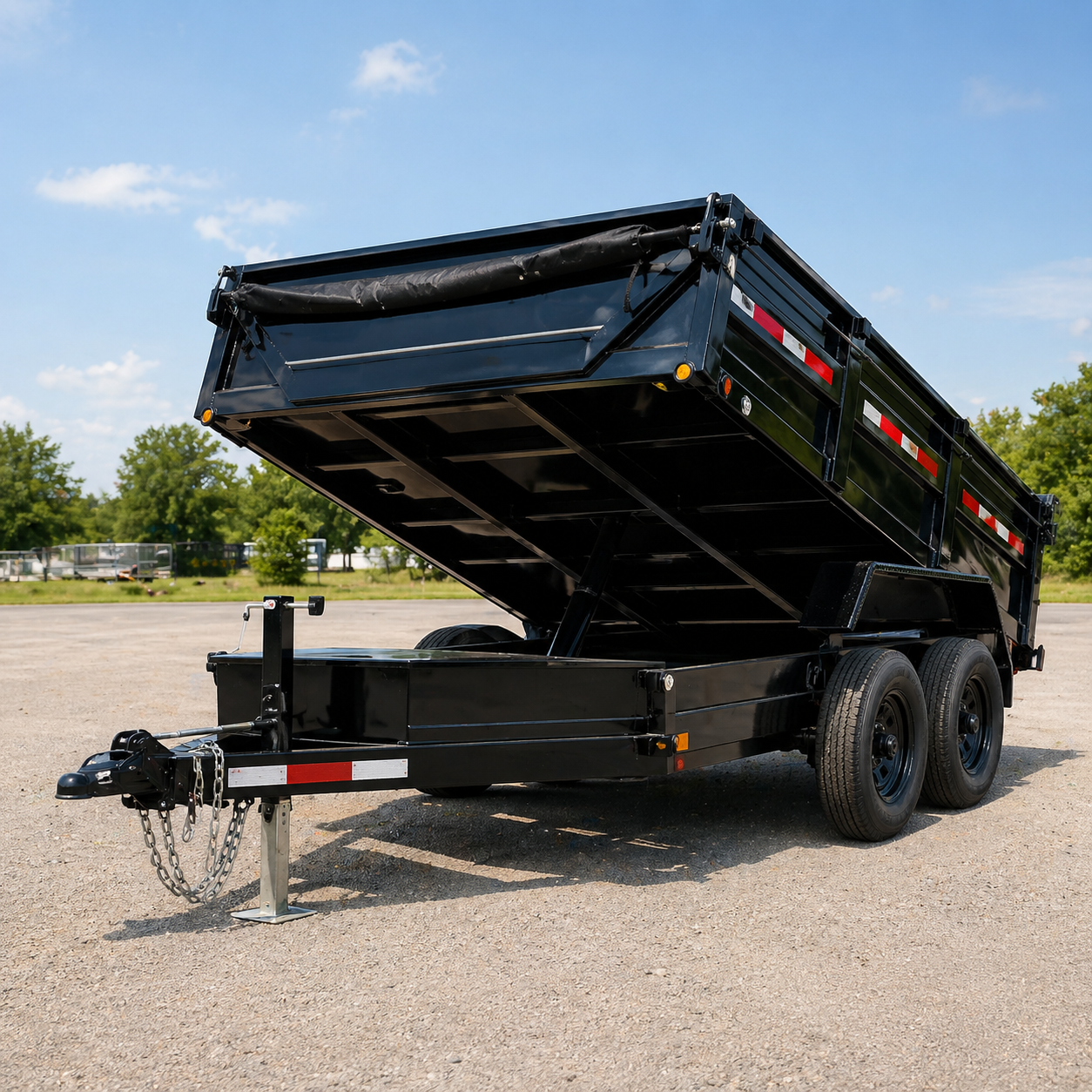 Black dump trailer raised on a gravel lot under a clear blue sky