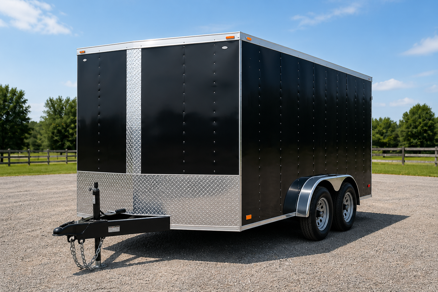 Black enclosed cargo trailer with silver trim parked on a gravel lot